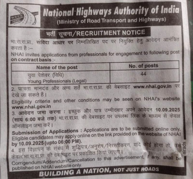 Full-Time Legal Job Opportunity – Young Professionals (Legal) at NHAI [September 2025 | India | Legal & Infrastructure Law] Apply by 10 September 2025